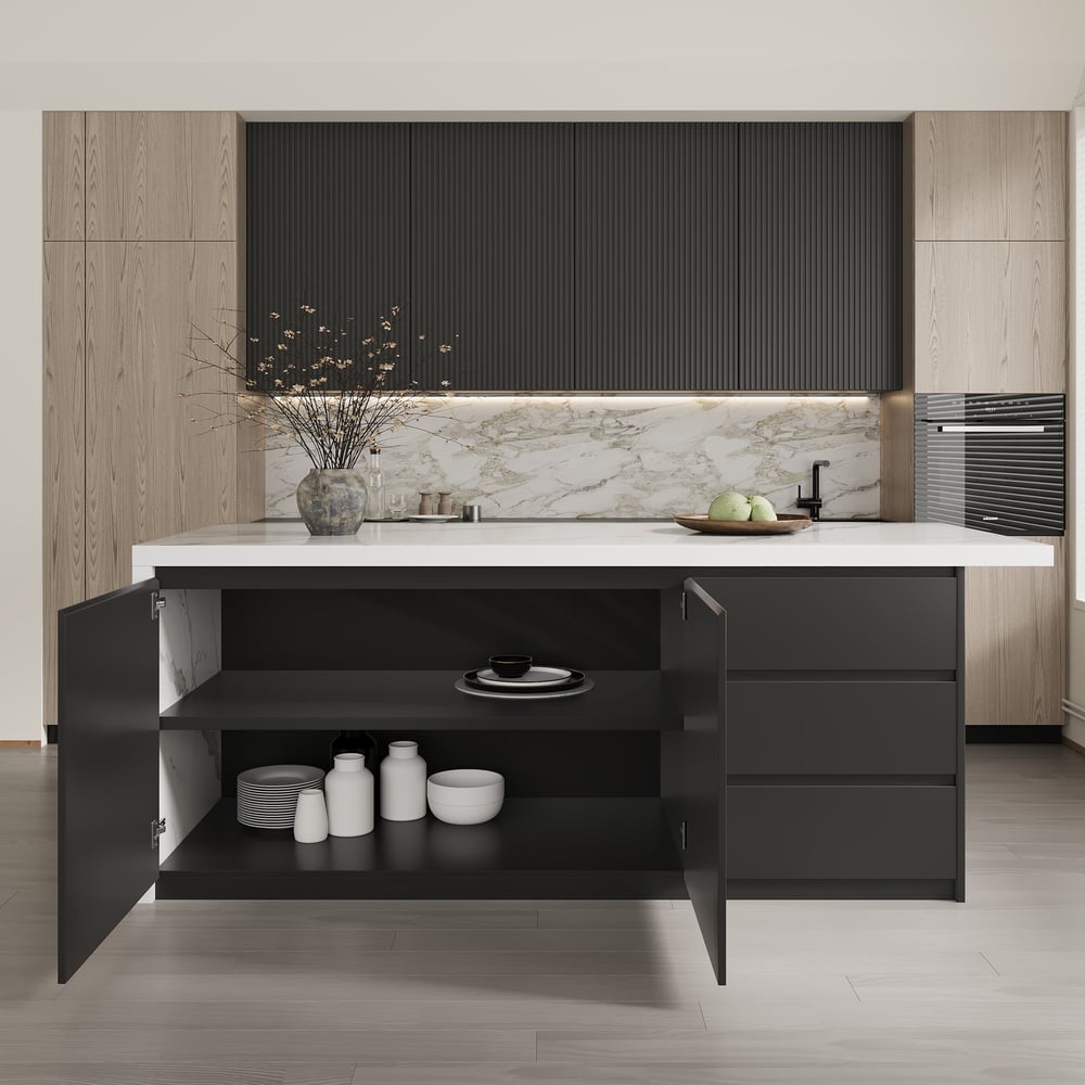 1830mm Kitchen Islands Marble Veneered Top Black Modern with Storage Kitchen Cabinet window image