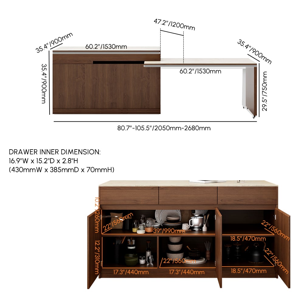 Îlot de cuisine extensible moderne en pierre frittée de 81 à 106 pouces en noyer avec portes et tiroirs Poids, dimensions, image