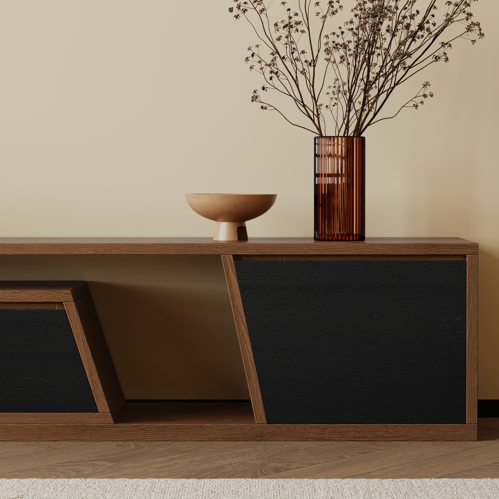 Fero Black & Walnut Extendable TV Stand with 3 Drawers(71"-120") window image