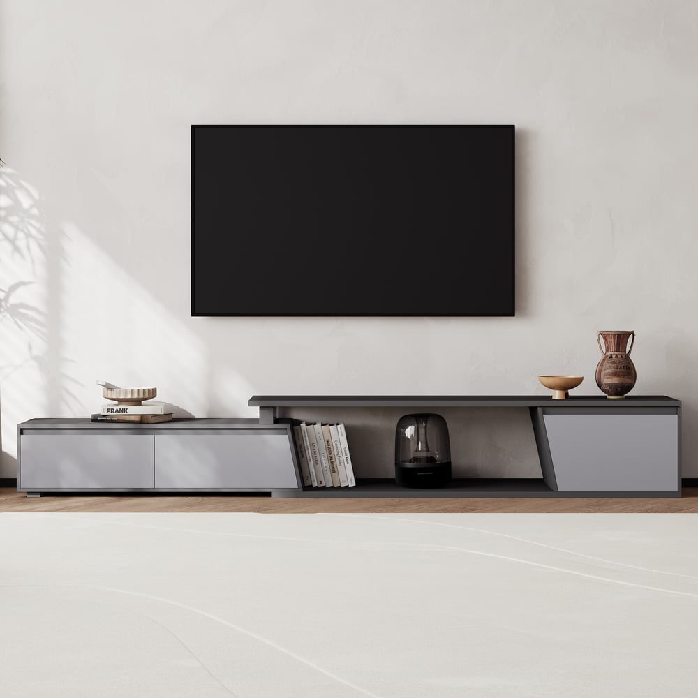 Fero Gray Reversible Extendable TV Stand with 3 Drawers(71"-120") window image