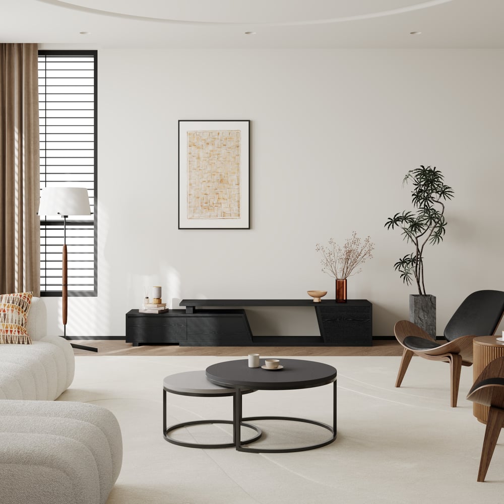 Fero Black Extendable TV Stand with 3 Drawers(71"-120") window image