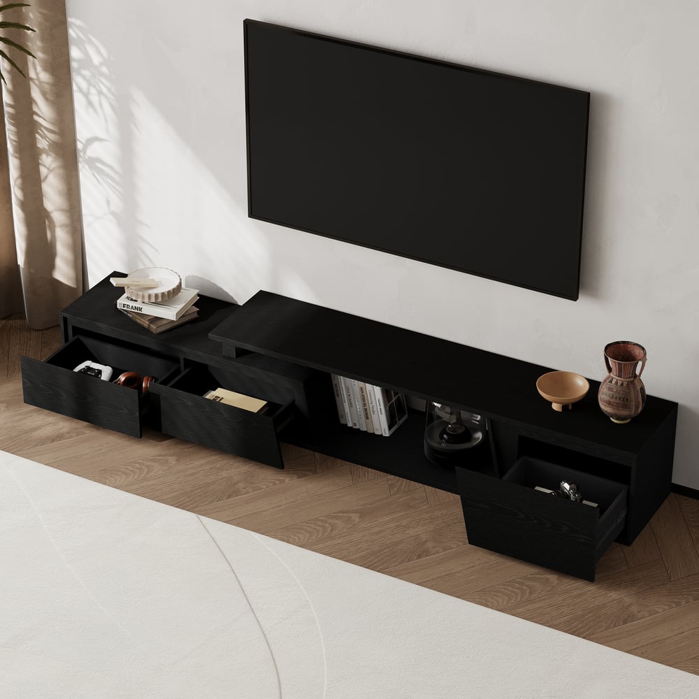 Fero Black Reversible Extendable TV Stand with 3 Drawers(71"-120") window image