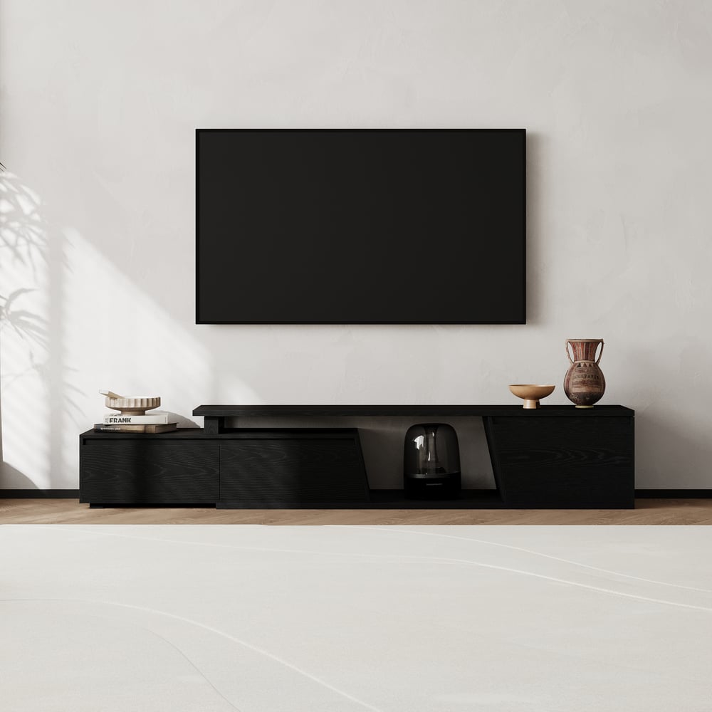 Fero Black Reversible Extendable TV Stand with 3 Drawers(71"-120") window image