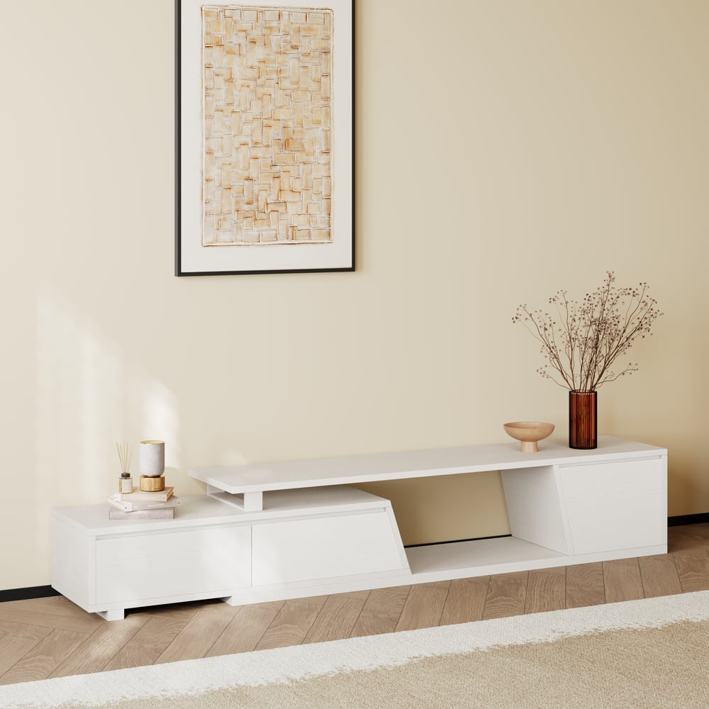 Fero White Extendable TV Stand with 3 Drawers(71"-120") window image