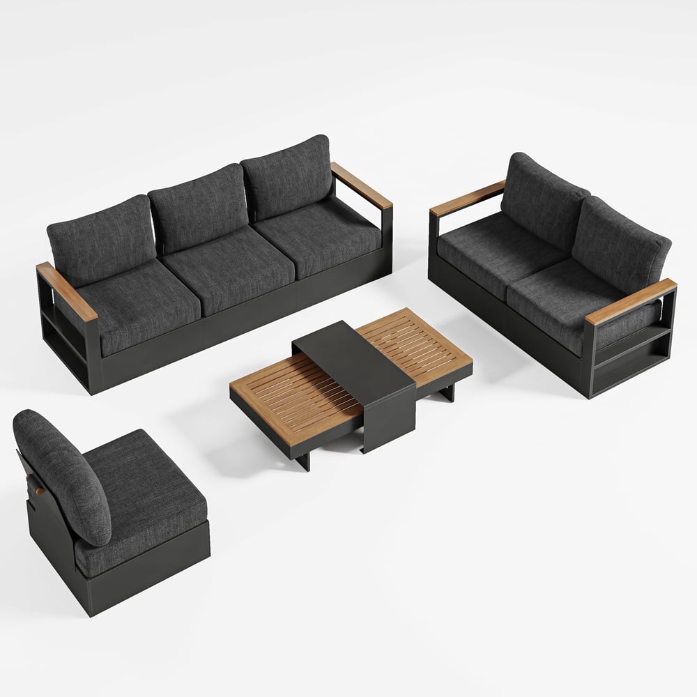 Ensemble de canapé d'extérieur Axis pour 6 personnes avec structure en bois et aluminium, gris (4 pièces) image de fenêtre