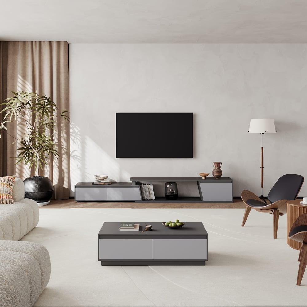 Fero Gray Reversible Extendable TV Stand with 3 Drawers(71"-120") window image