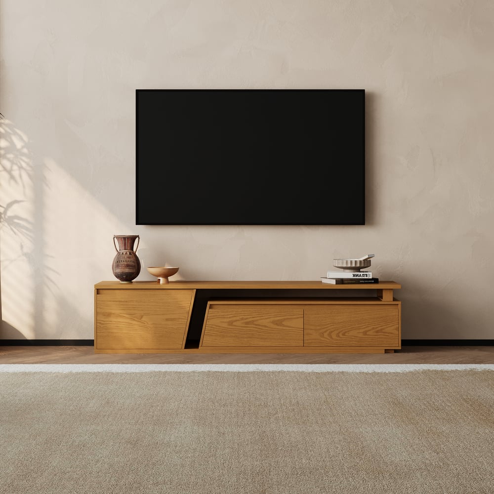 Fero Natural Reversible Extendable TV Stand with 3 Drawers(71"-120") window image