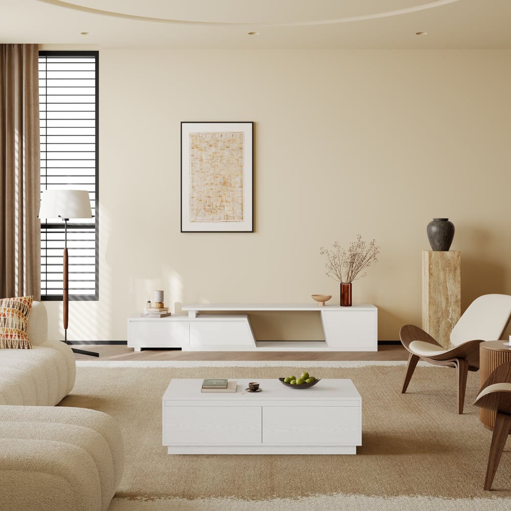 Fero White Extendable TV Stand with 3 Drawers(71"-120") window image