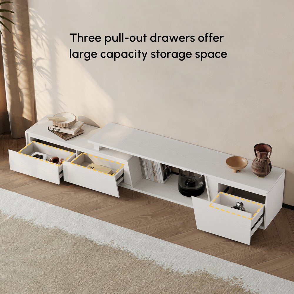 Fero White Reversible Extendable TV Stand with 3 Drawers(71"-120") window image