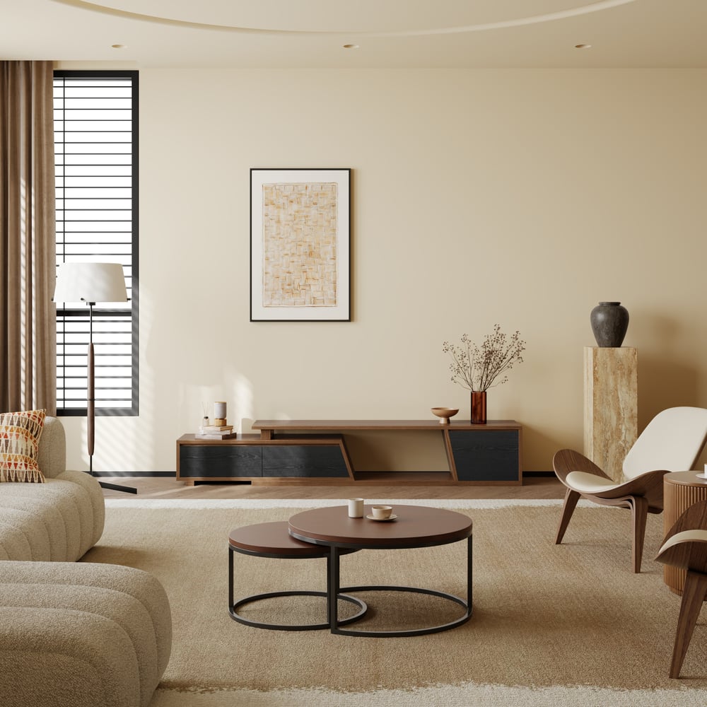 Fero Black & Walnut Extendable TV Stand with 3 Drawers(71"-120") window image