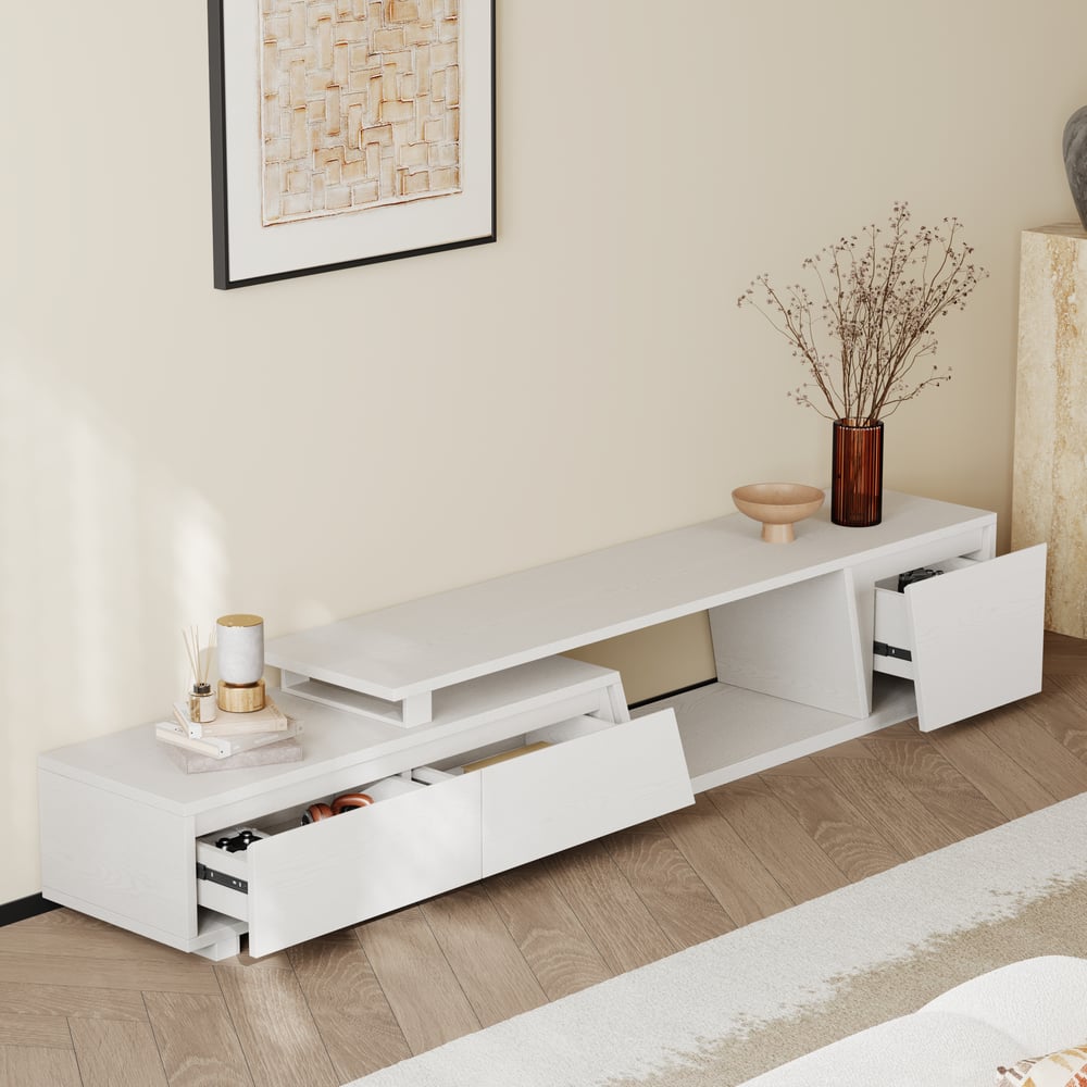 Fero White Extendable TV Stand with 3 Drawers(71"-120") window image