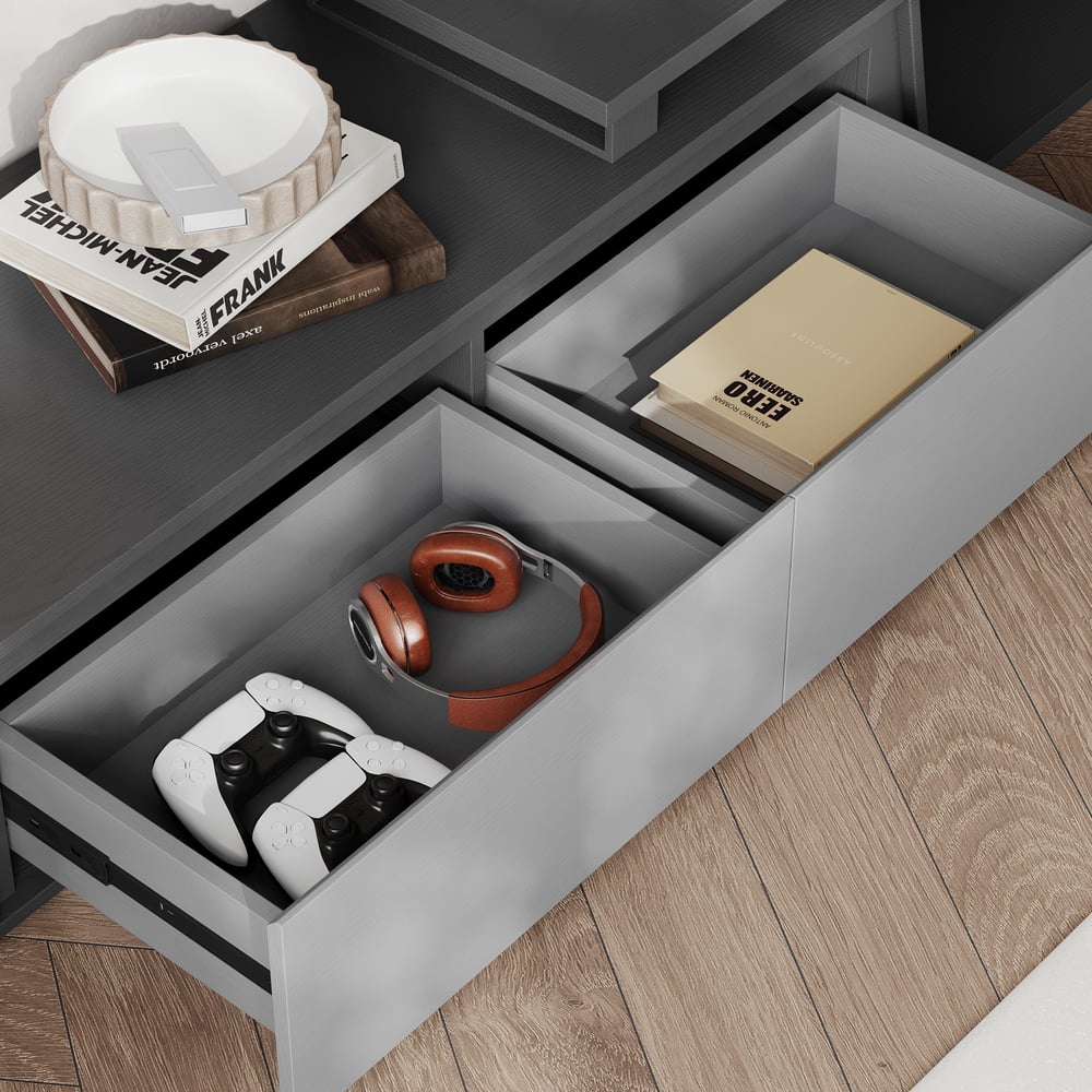 Fero Gray Reversible Extendable TV Stand with 3 Drawers(71"-120") window image