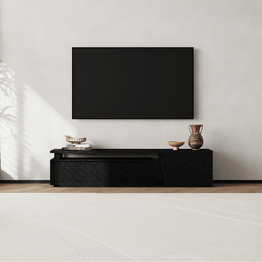 Fero Black Reversible Extendable TV Stand with 3 Drawers(71"-120") window image