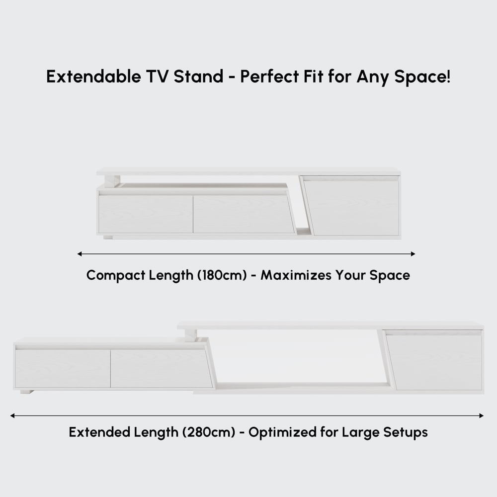 Fero White Reversible Extendable TV Stand with 3 Drawers(71"-120") window image