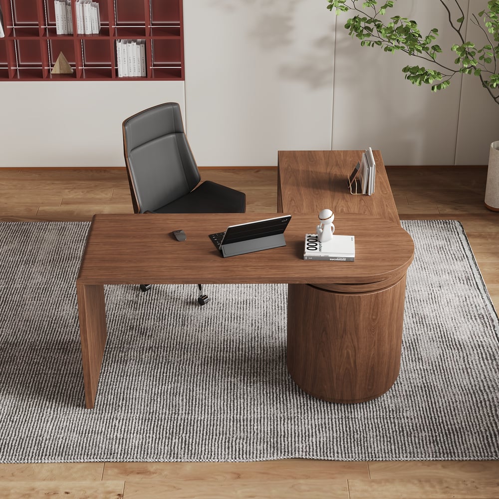 Scrivania modulare dal design moderno in legno con cassetti, scrivania girevole a L da 152 cm Immagine della finestra