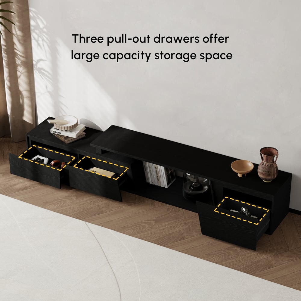 Fero Black Reversible Extendable TV Stand with 3 Drawers(71"-120") window image