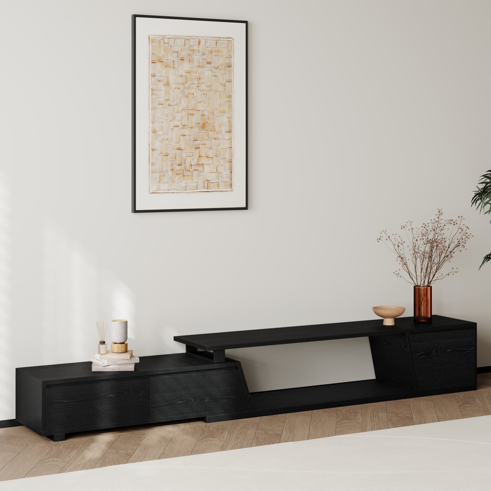 Fero Black Extendable TV Stand with 3 Drawers(71"-120") window image