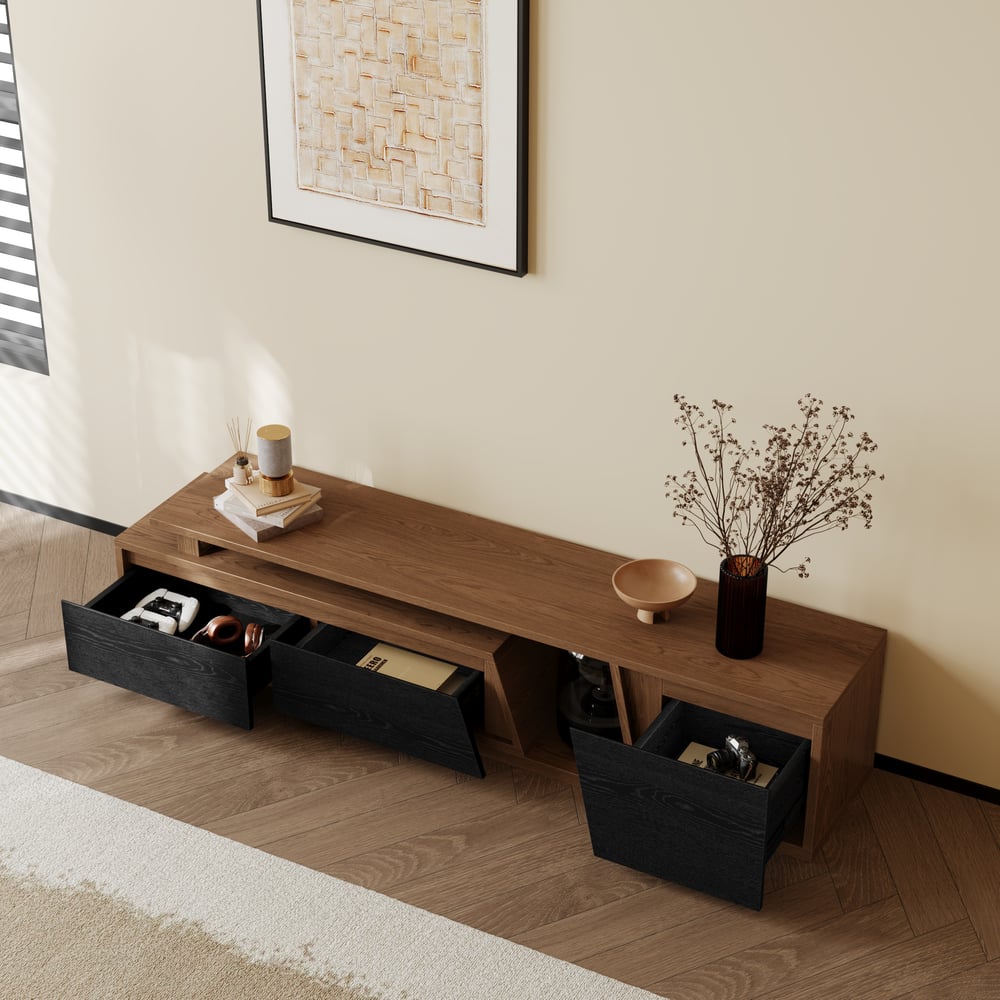 Fero Black & Walnut Extendable TV Stand with 3 Drawers(71"-120") window image