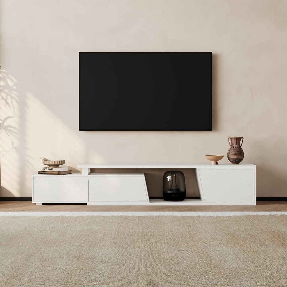 Fero White Reversible Extendable TV Stand with 3 Drawers(71"-120") window image