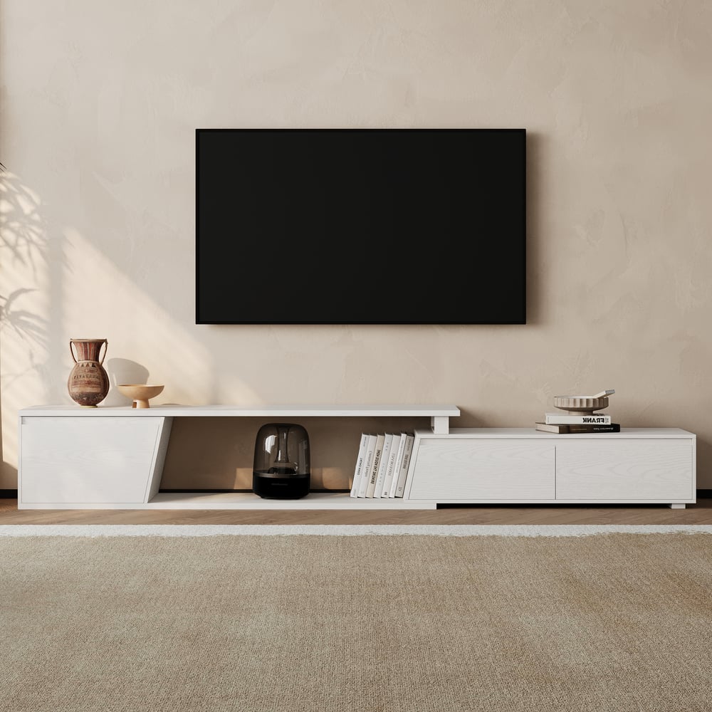 Fero White Reversible Extendable TV Stand with 3 Drawers(71"-120") window image