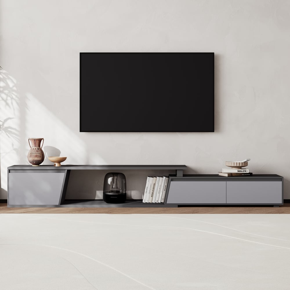 Fero Gray Reversible Extendable TV Stand with 3 Drawers(71"-120") window image