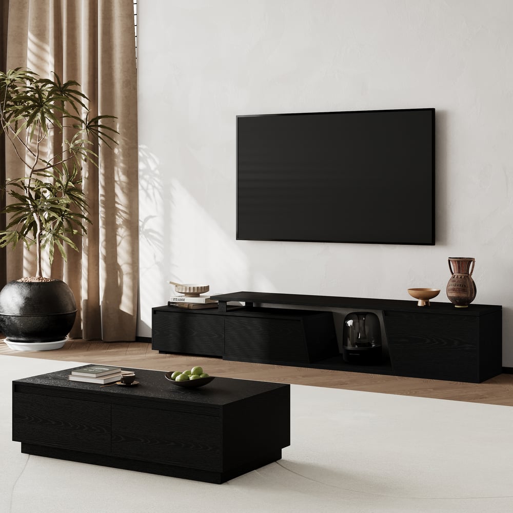 Fero Black Reversible Extendable TV Stand with 3 Drawers(71"-120") window image