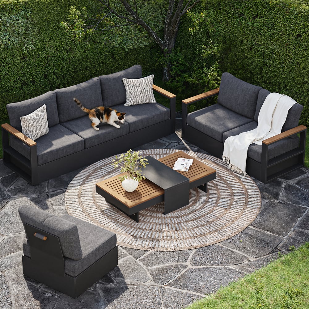Axis 6-Person Outdoor Sofa Set with Wood & Aluminum Frame, Gray (4-Piece) window image