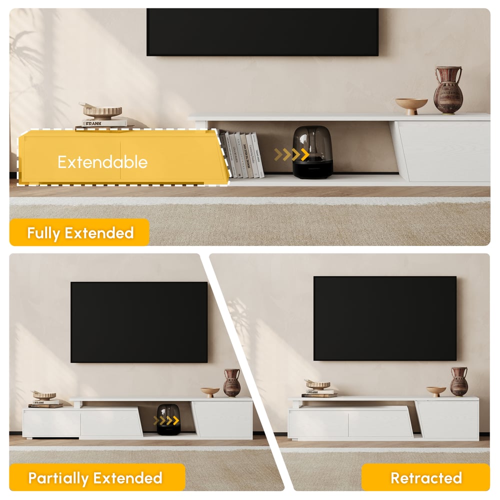 Fero White Reversible Extendable TV Stand with 3 Drawers(71"-120") window image