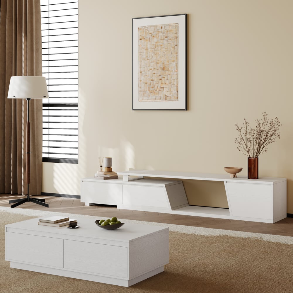 Fero White Extendable TV Stand with 3 Drawers(71"-120") window image