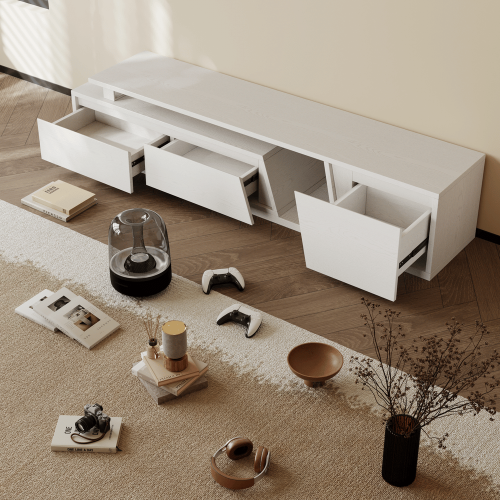 Fero White Extendable TV Stand with 3 Drawers(71"-120") window image