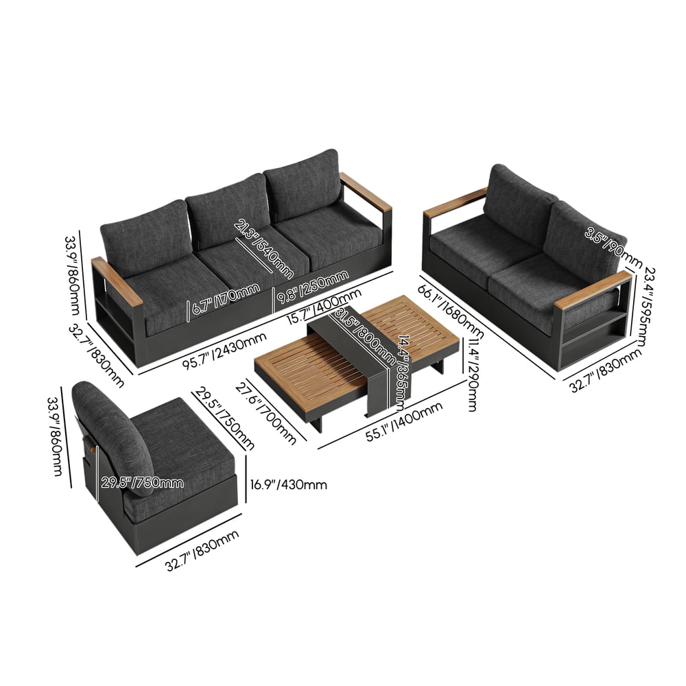 Axis 6-Person Outdoor Sofa Set with Wood & Aluminum Frame, Gray (4-Piece) weights dimensions image