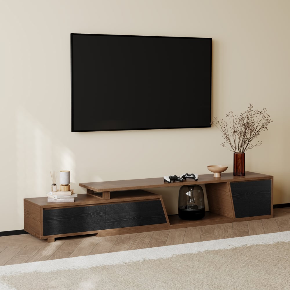 Fero Black & Walnut Extendable TV Stand with 3 Drawers(71"-120") window image