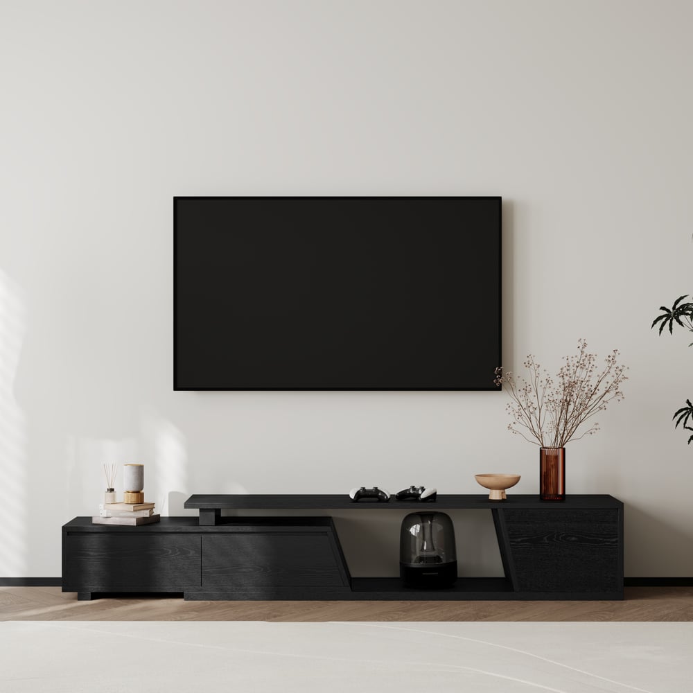 Fero Black Extendable TV Stand with 3 Drawers(71"-120") window image