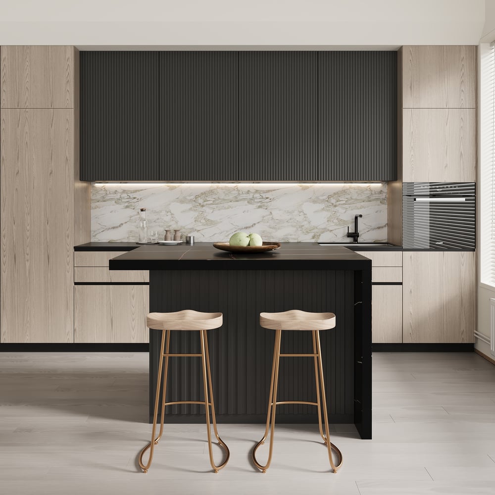 Grande isola da cucina nera da 1270 mm con ripostiglio, piano impiallacciato in marmo Immagine della finestra