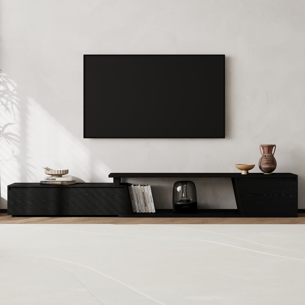 Fero Black Reversible Extendable TV Stand with 3 Drawers(71"-120") window image