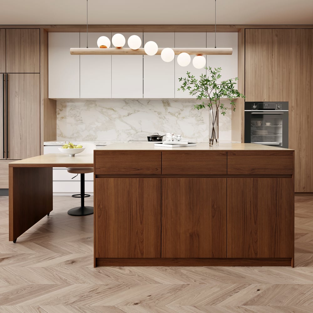 81"-106" Modern Extendable Sintered Stone Kitchen lsland Walnut with Doors and Drawers window image