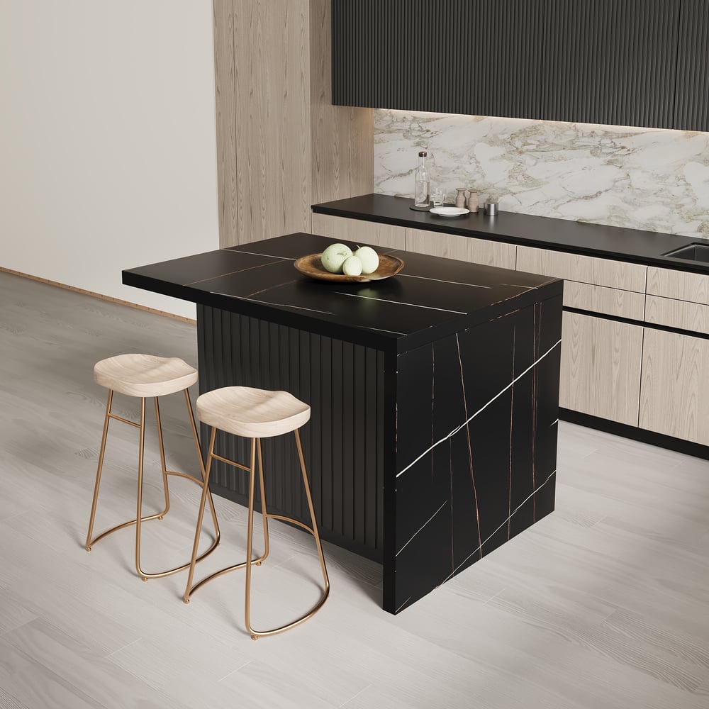 Grande isola da cucina nera da 1270 mm con ripostiglio, piano impiallacciato in marmo Immagine della finestra