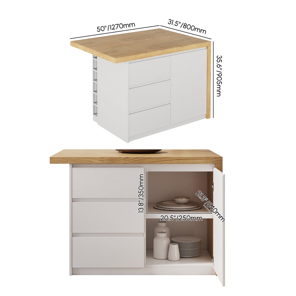 1270mm Modern Kitchen Island Natural Laminate & 2 Counter Stools Set Storage Cabinet weights dimensions image
