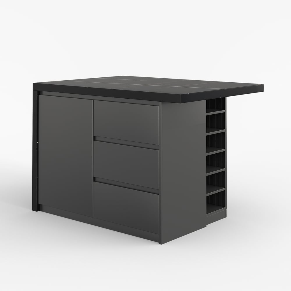 Grande isola da cucina nera da 1270 mm con ripostiglio, piano impiallacciato in marmo Immagine della finestra