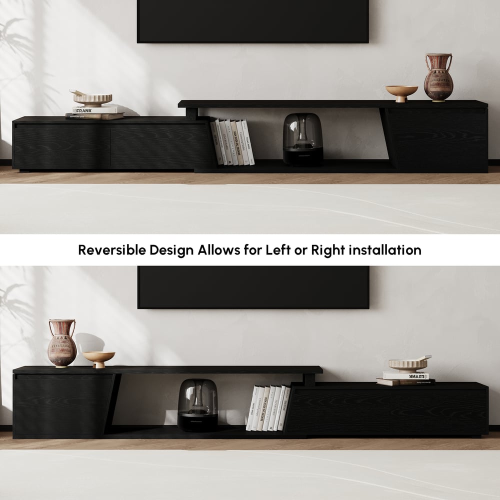 Fero Black Reversible Extendable TV Stand with 3 Drawers(71"-120") window image