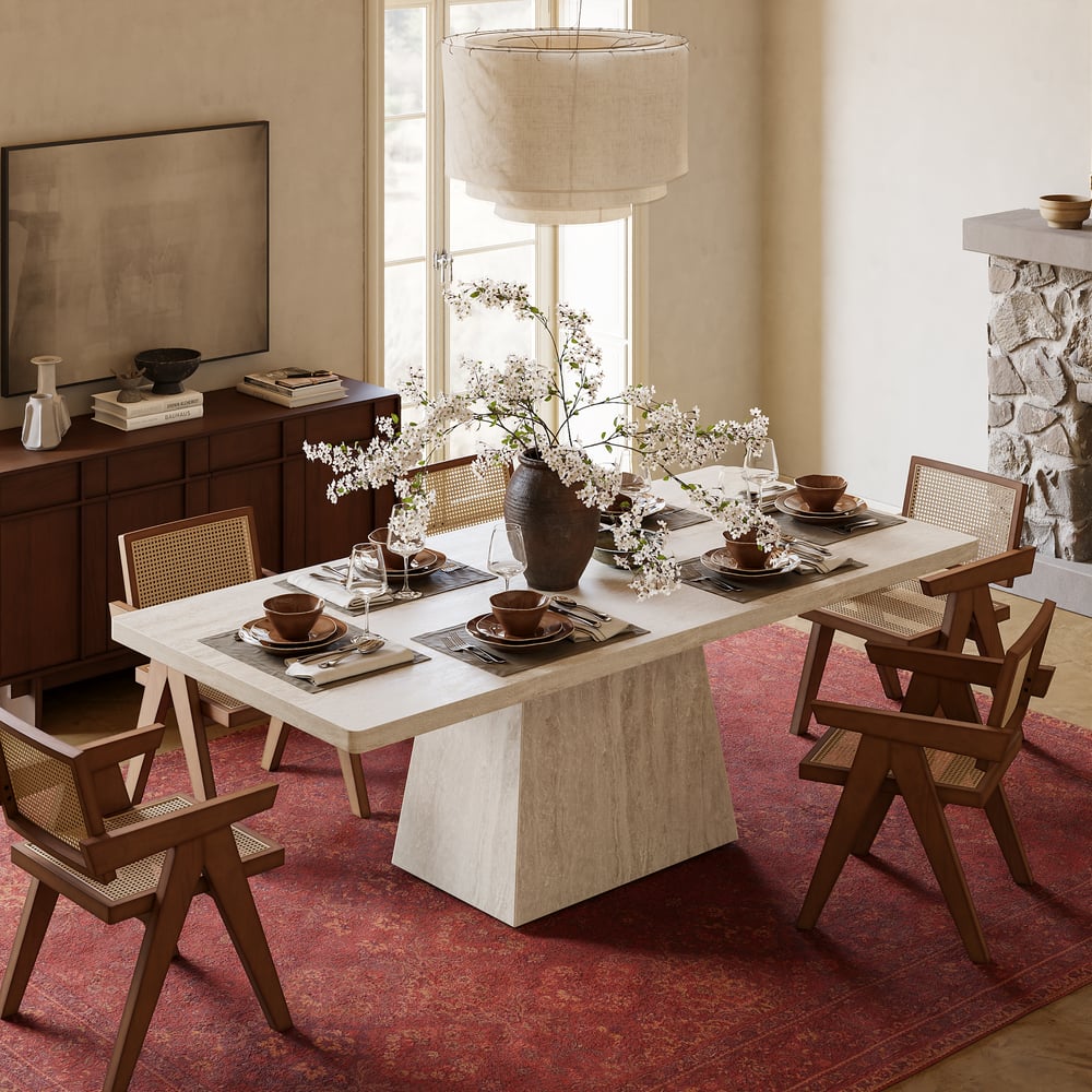 Dining Set 79" Faux Travertine Dining Table with 6 Chairs window image