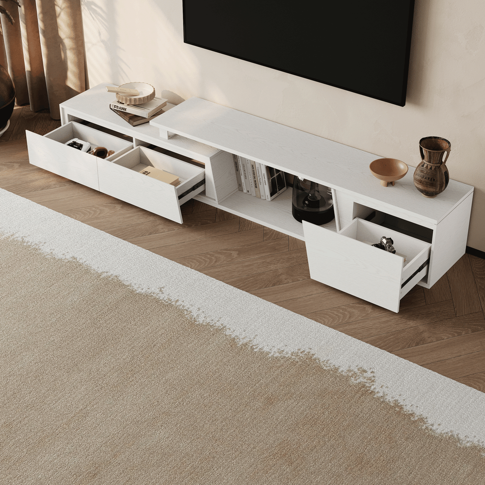 Fero White Reversible Extendable TV Stand with 3 Drawers(71"-120") window image