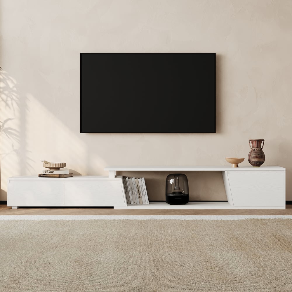 Fero White Reversible Extendable TV Stand with 3 Drawers(71"-120") window image