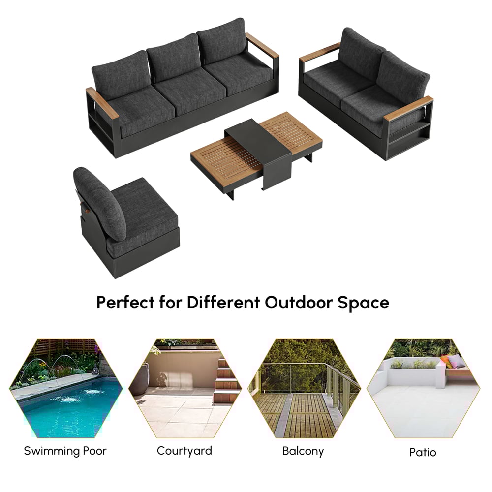 Axis 6-Person Outdoor Sofa Set with Wood & Aluminum Frame, Gray (4-Piece) window image