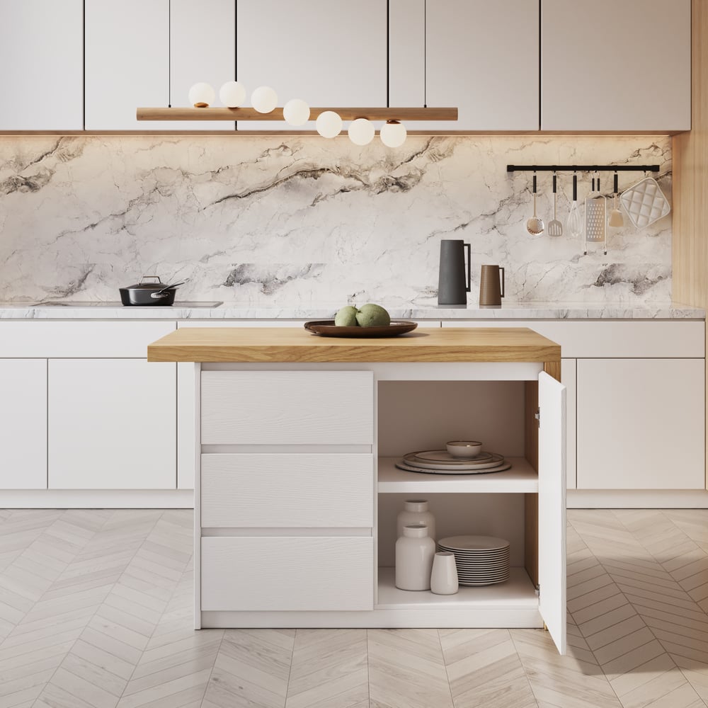 1270mm Modern Style Laminate Kitchen Islands with Ample Storage Space White & Natural window image