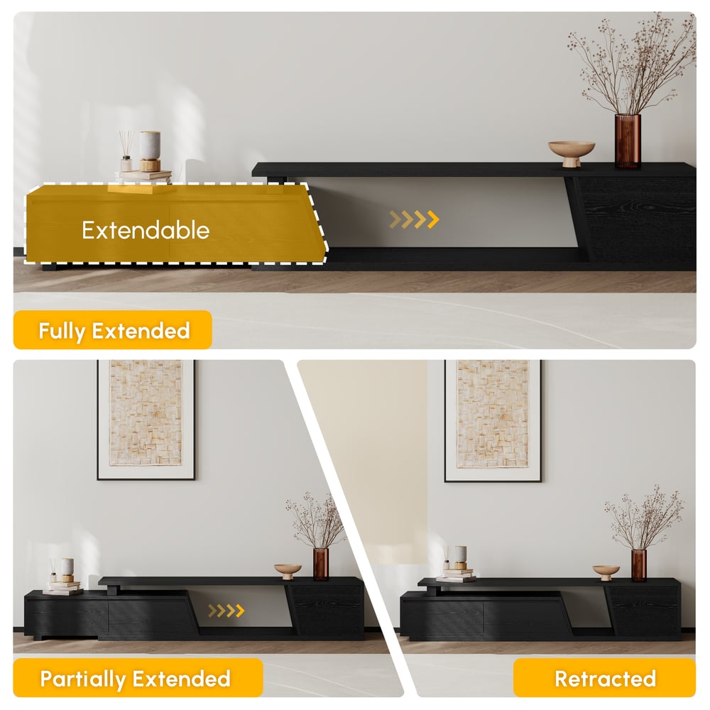 Fero TV Stand Set of Wood Black Extendable TV Stand & Rectangular Coffee Table window image