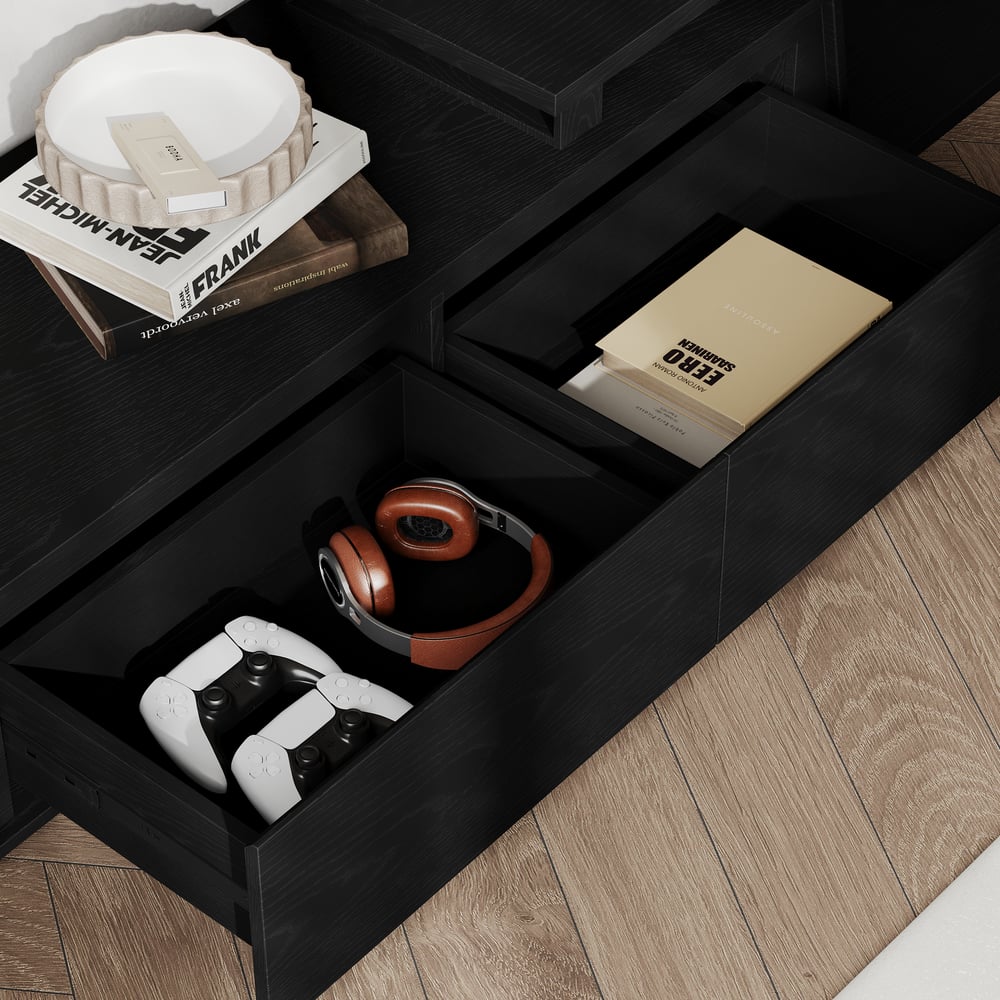 Fero Black Reversible Extendable TV Stand with 3 Drawers(71"-120") window image