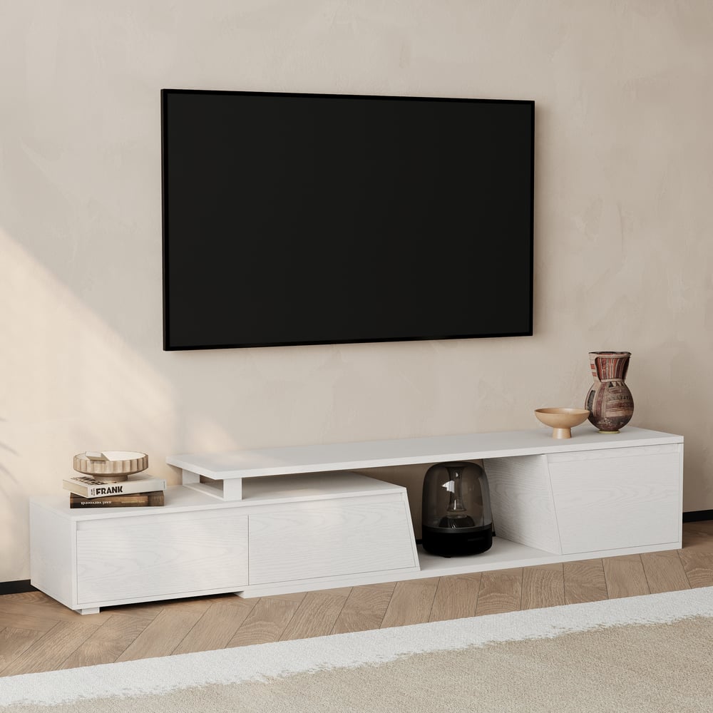 Fero White Reversible Extendable TV Stand with 3 Drawers(71"-120") window image