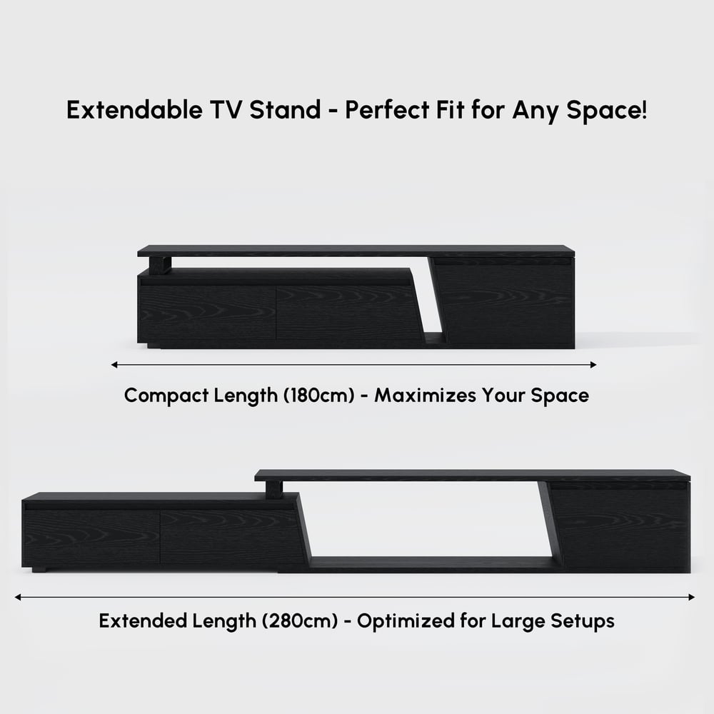 Fero Black Reversible Extendable TV Stand with 3 Drawers(71"-120") window image