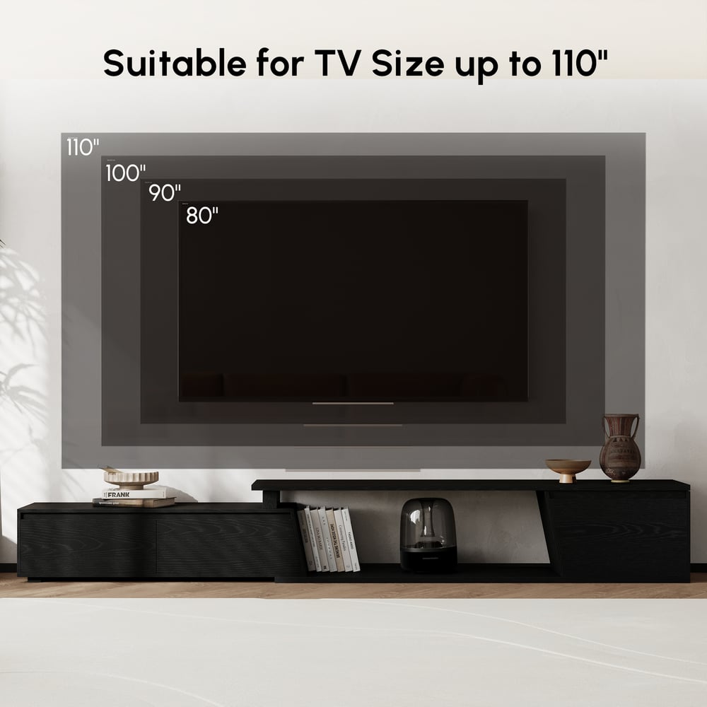 Fero Black Reversible Extendable TV Stand with 3 Drawers(71"-120") window image